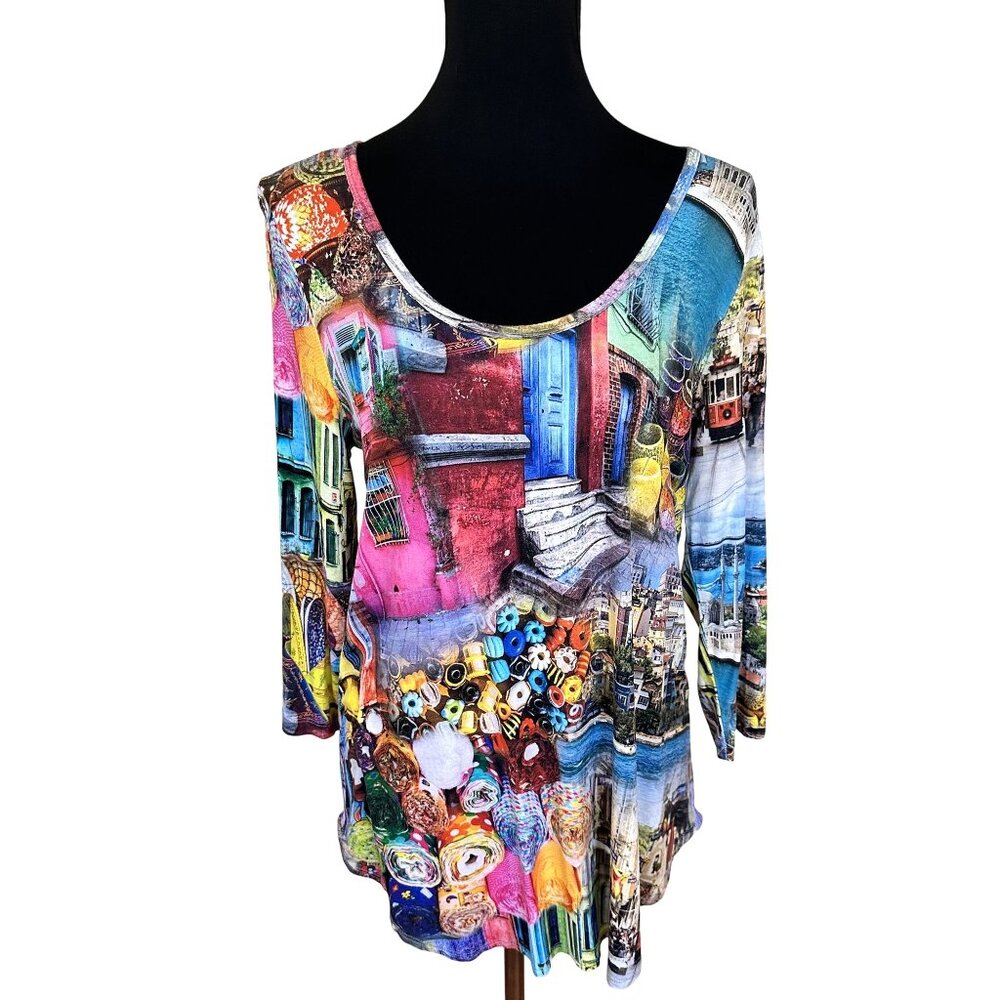Karen Kane Womens Tunic Top Parisian Print Medium Crew Slinky Pink 3/4 Sleeve